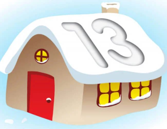 Graphic of a small house with snow on roof and the number 13 in the snow.