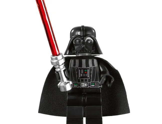 Lego Darth Vader figure holding a red lightsaber.
