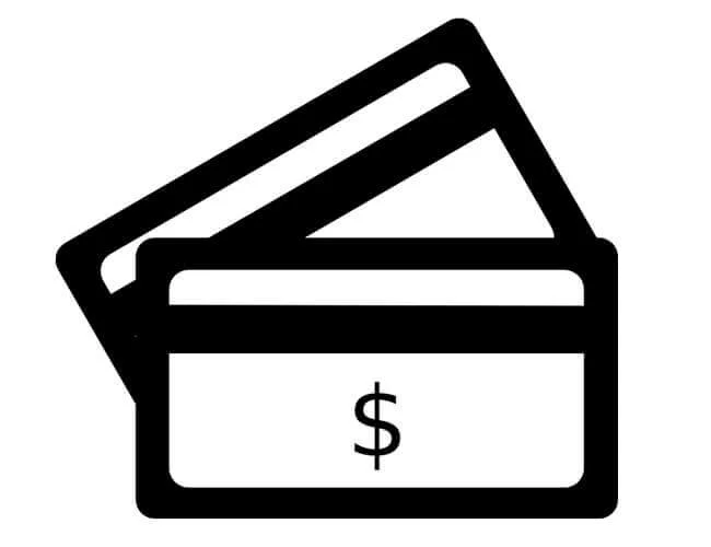 Black and white icon of two credit cards with a dollar sign.