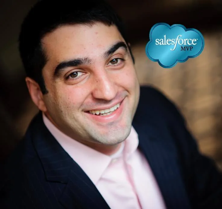 Headshot of a smiling man with a salesforce MVP logo.