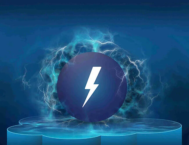 White lightning bolt symbol inside a purple circle with lightning effects.