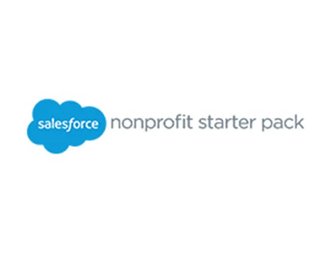 Blue cloud logo with text salesforce nonprofit starter pack.