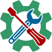 Vector icon of a red screwdriver and blue wrench crossed inside a green gear.