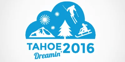 Blue graphic with skiers, a mountain, and a sledder. Text: TAHOE 2016 Dreamin'.