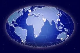 Blue world map showing various white pins scattered across different continents.
