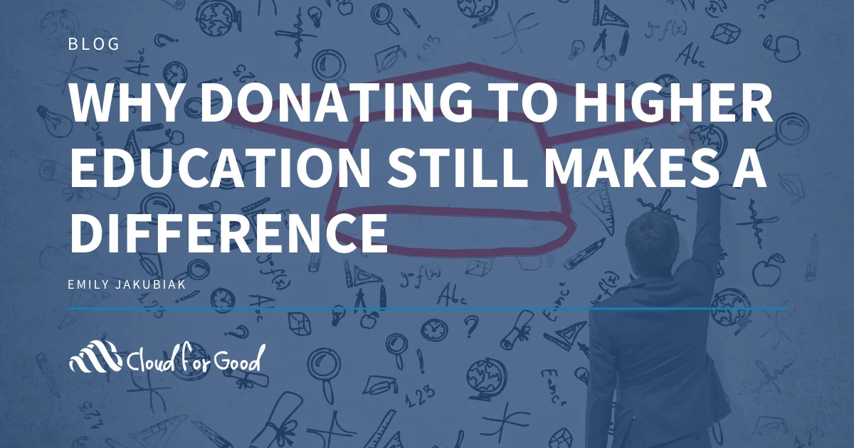 Illustrated graduation cap sketch with person writing. Text: WHY DONATING TO HIGHER EDUCATION STILL MAKES A DIFFERENCE