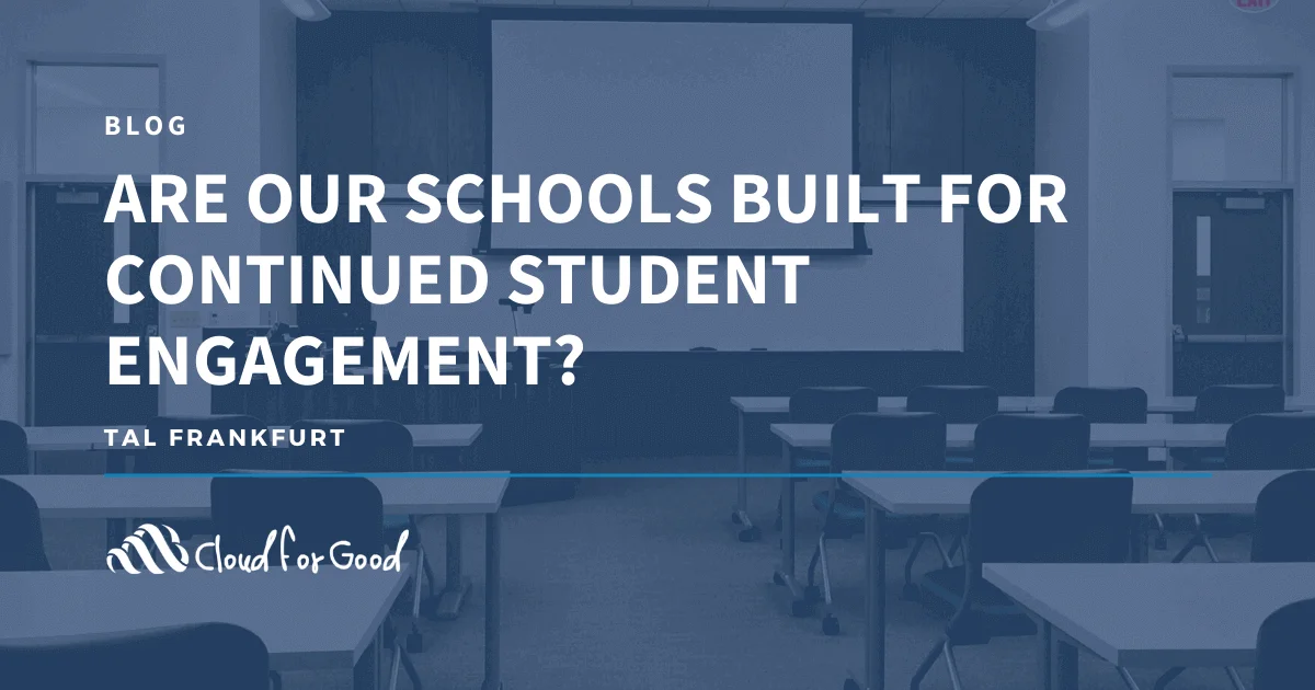 Empty classroom with desks and chairs. Text: ARE OUR SCHOOLS BUILT FOR CONTINUED STUDENT ENGAGEMENT?