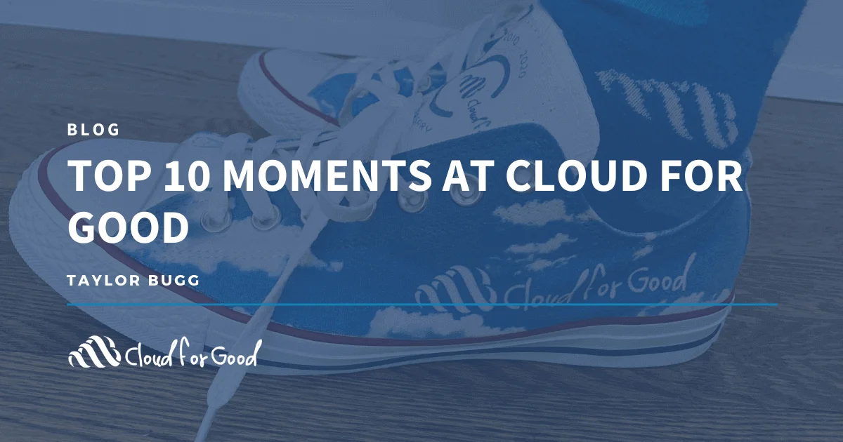 Blue sneakers with white clouds painted on them. Text: TOP 10 MOMENTS AT CLOUD FOR GOOD