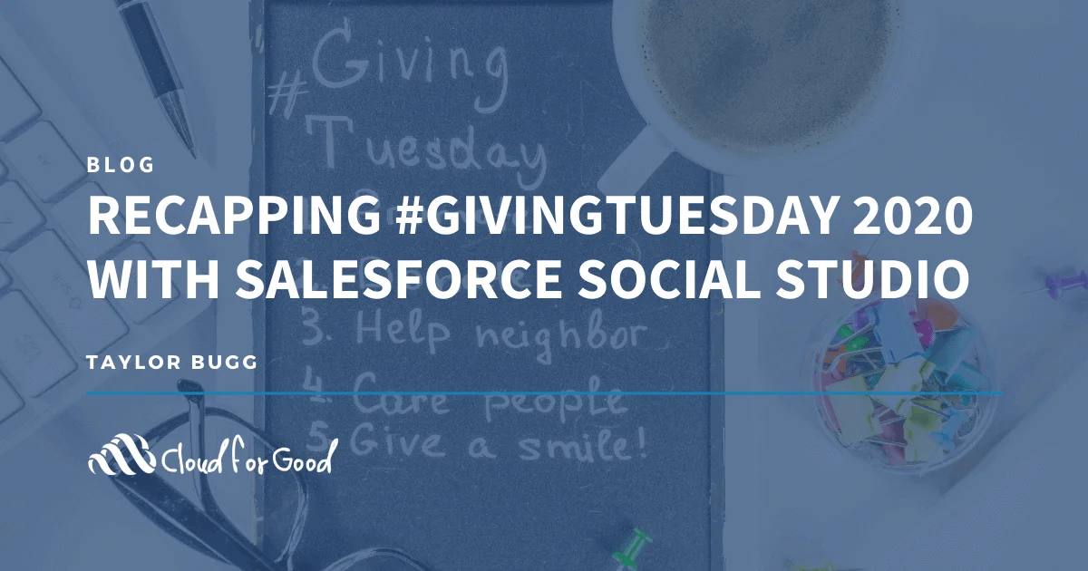 Chalkboard with Giving Tuesday checklist. Text: RECAPPING #GIVINGTUESDAY 2020 WITH SALESFORCE SOCIAL STUDIO