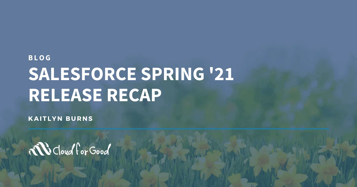 Field of yellow daffodils with text: SALESFORCE SPRING '21 RELEASE RECAP