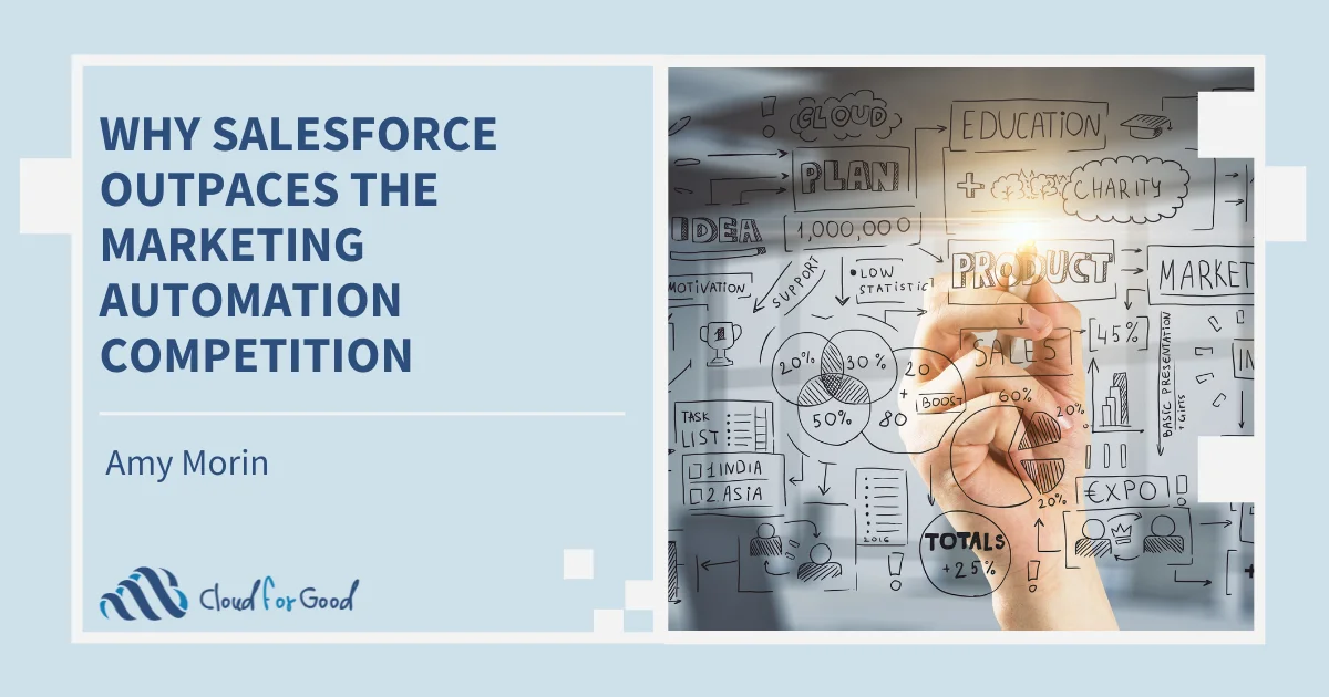Hand drawing marketing charts and diagrams on glass. Text: WHY SALESFORCE OUTPACES THE MARKETING AUTOMATION COMPETITION