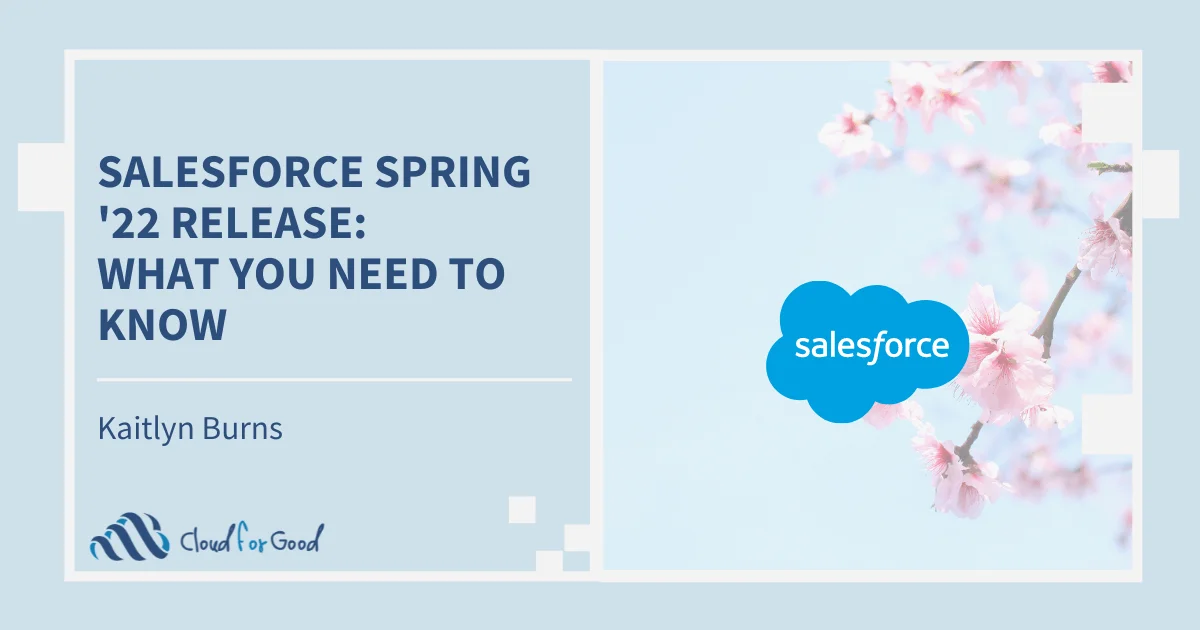Cherry blossoms and Salesforce cloud logo. Text: SALESFORCE SPRING '22 RELEASE: WHAT YOU NEED TO KNOW