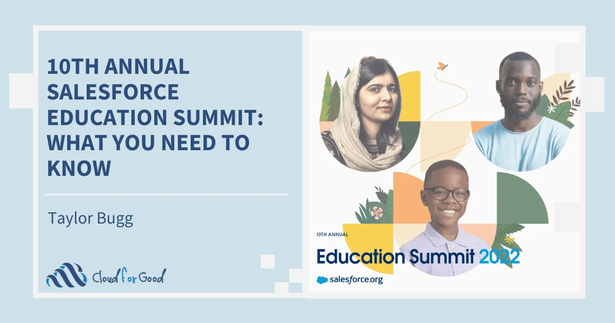 Illustrated portraits of three people. Text: 10TH ANNUAL SALESFORCE EDUCATION SUMMIT: WHAT YOU NEED TO KNOW