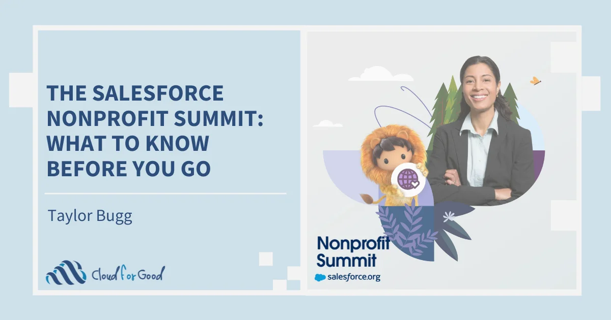 Illustrated lion mascot and smiling woman. Text: THE SALESFORCE NONPROFIT SUMMIT: WHAT TO KNOW BEFORE YOU GO