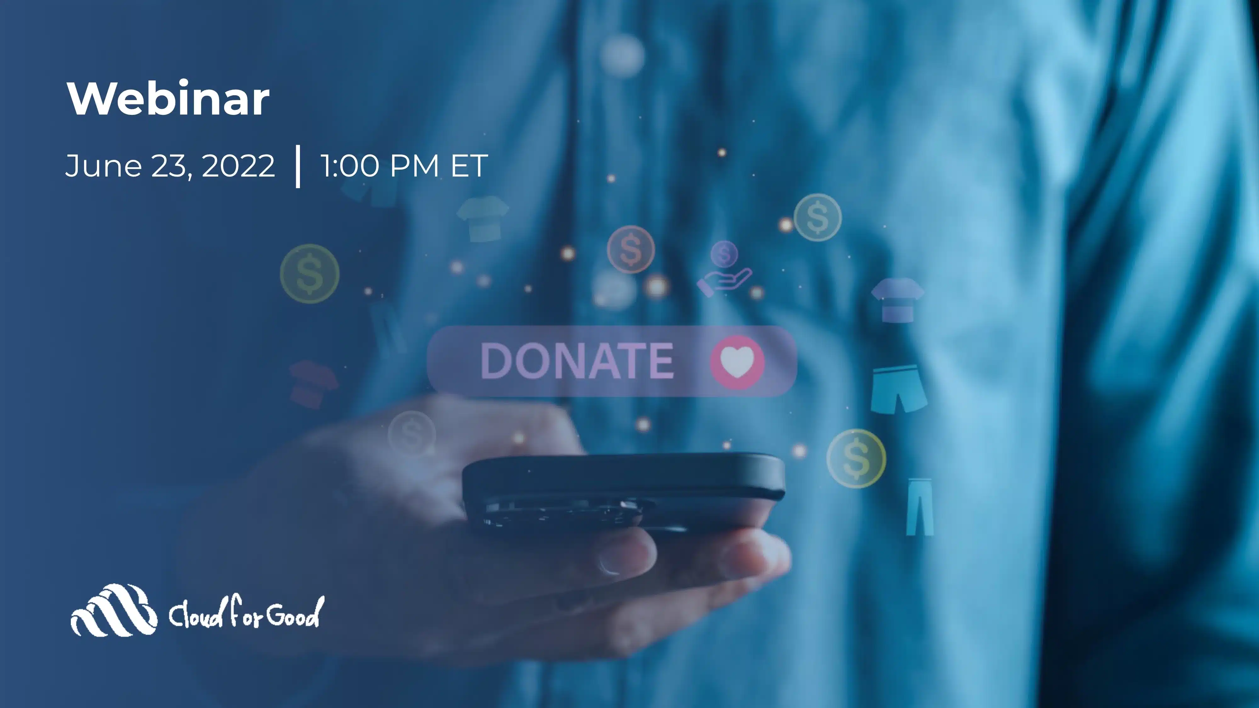 Hand holding a smartphone with a glowing Donate button and heart icon, surrounded by floating dollar-sign and clothing icons