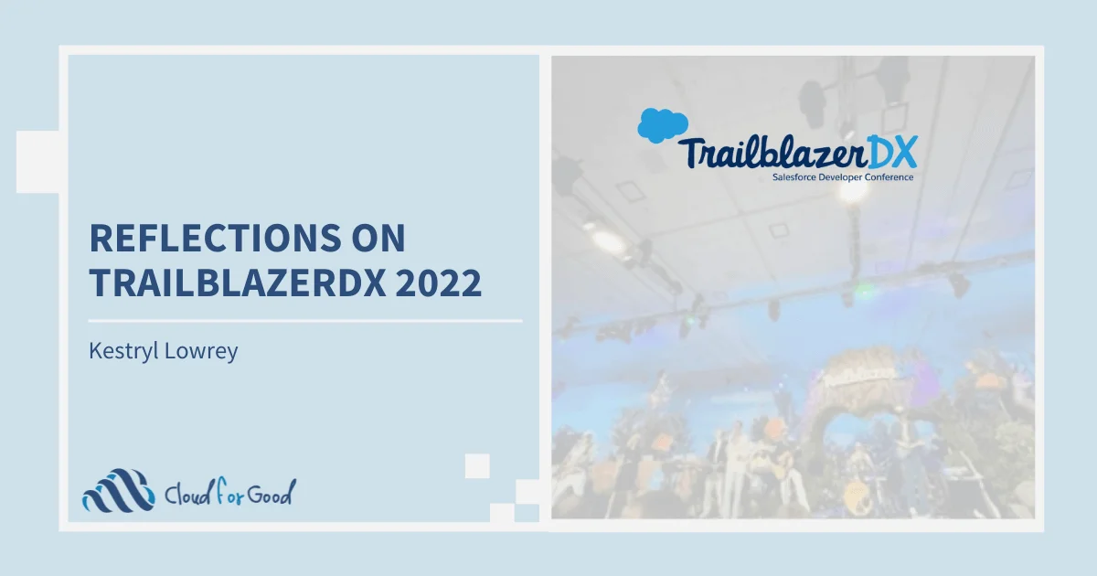 TrailblazerDX conference logo over an event hall ceiling. Text: REFLECTIONS ON TRAILBLAZERDX 2022