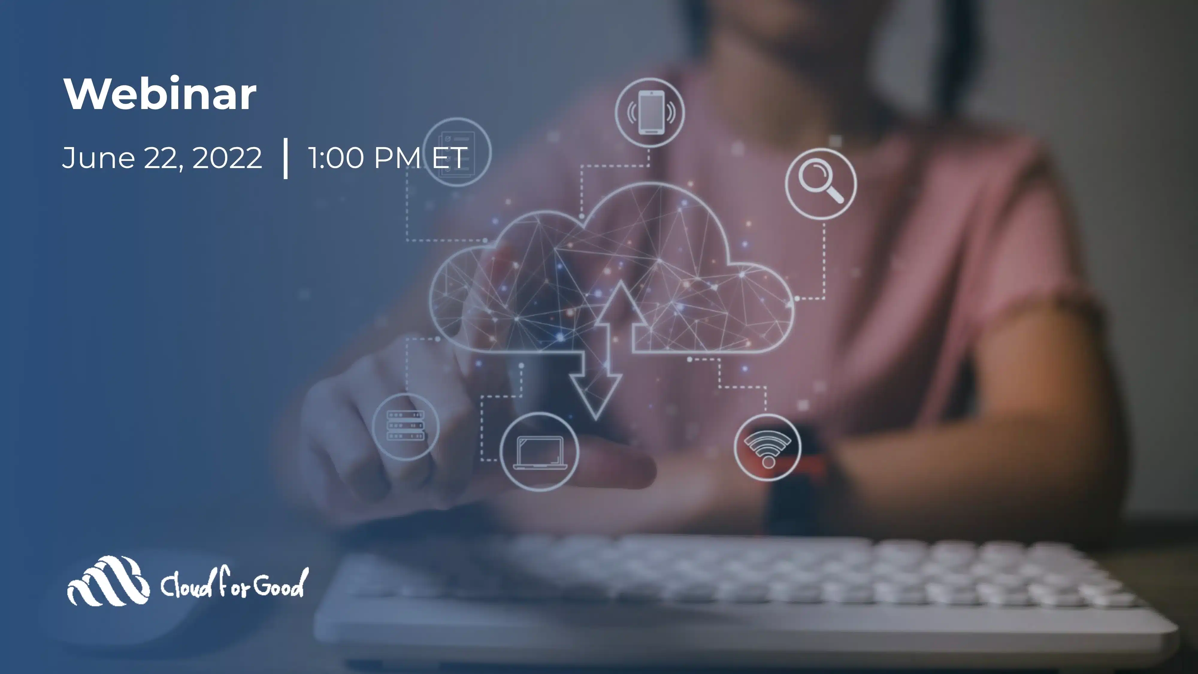 Hand pointing at a holographic cloud and network graphic surrounded by device and connectivity icons