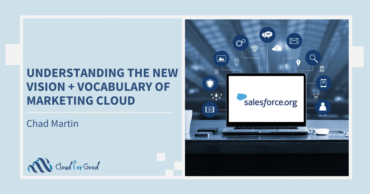 Laptop showing salesforce.org logo surrounded by icons. Text: UNDERSTANDING THE NEW VISION + VOCABULARY OF MARKETING CLOUD