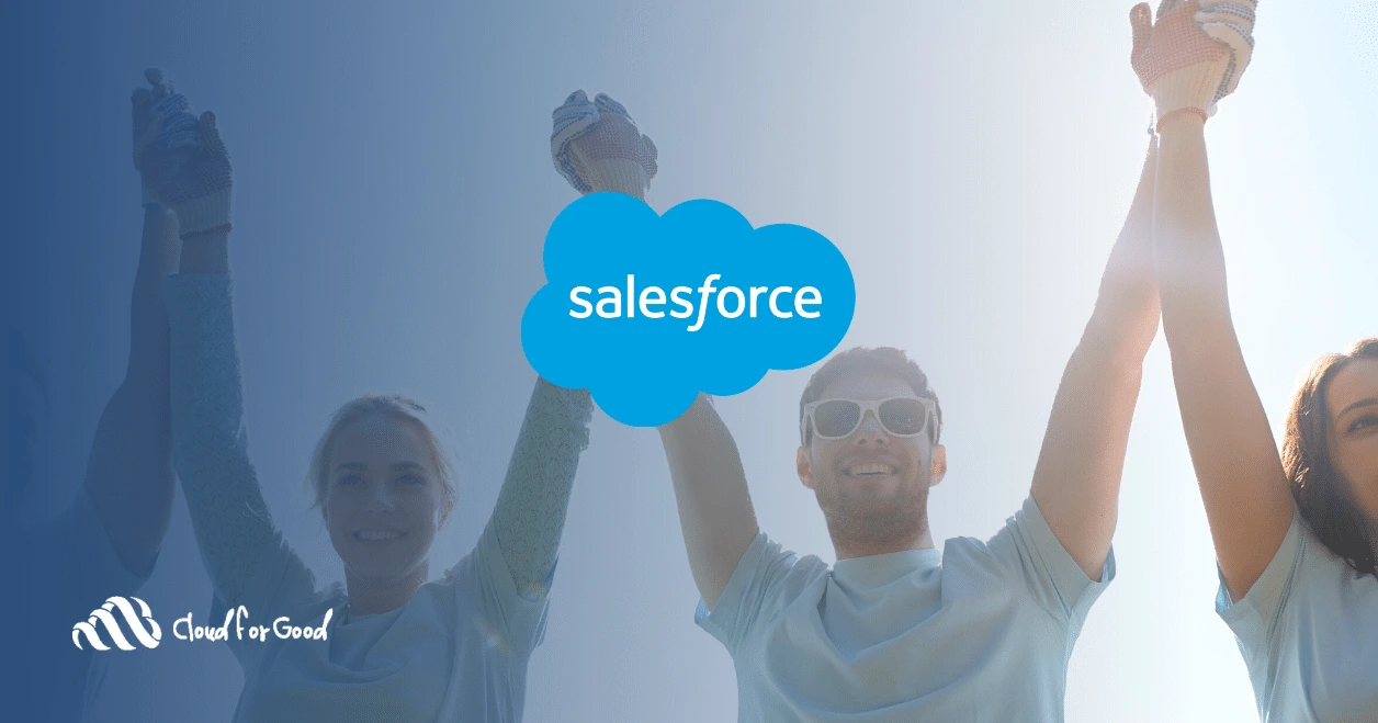 Group of volunteers raising their hands with a Salesforce logo overlay and Cloud for Good branding