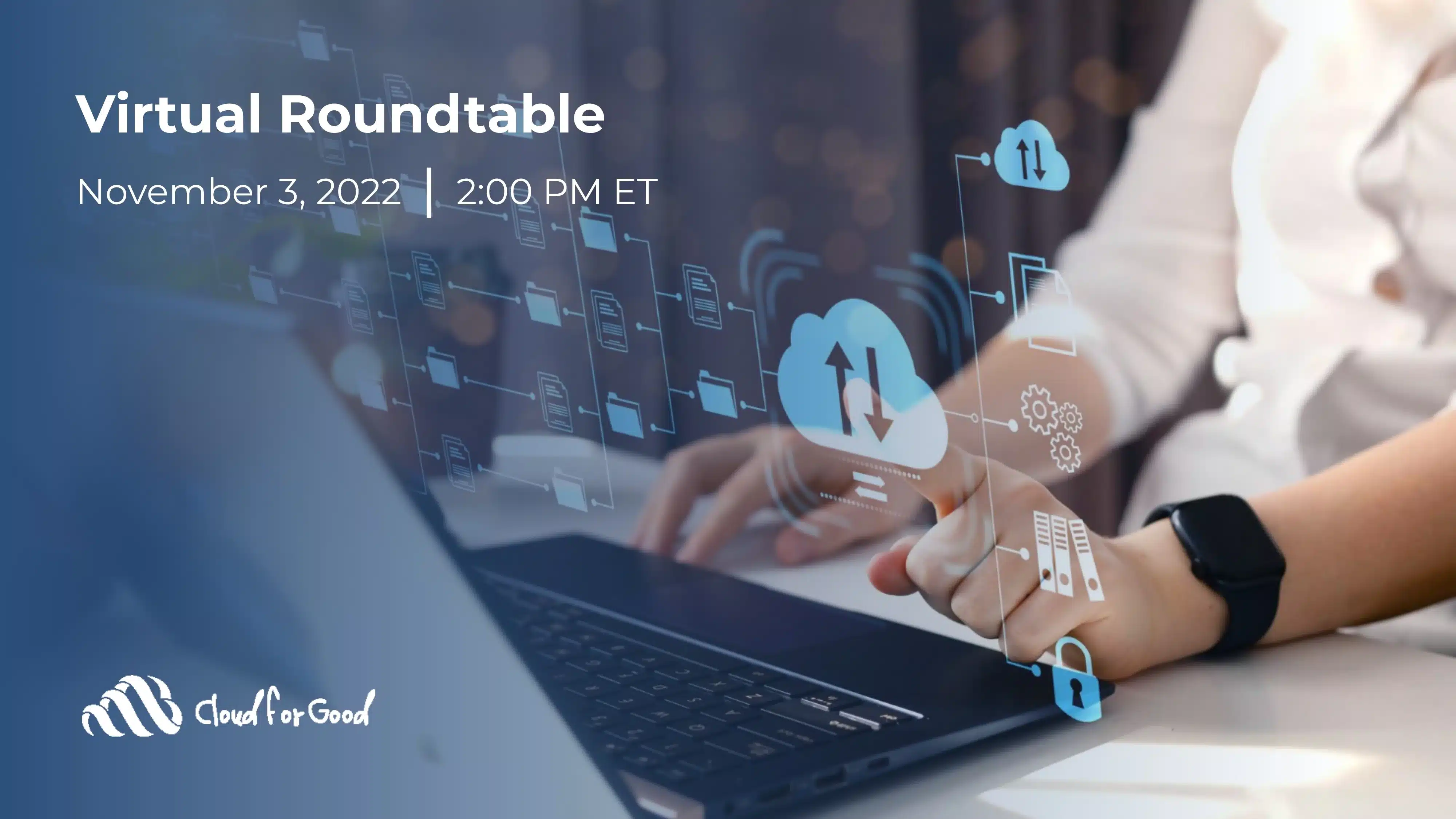Hand tapping a laptop touchpad beneath a glowing overlay of cloud, file, and gear icons representing data flow