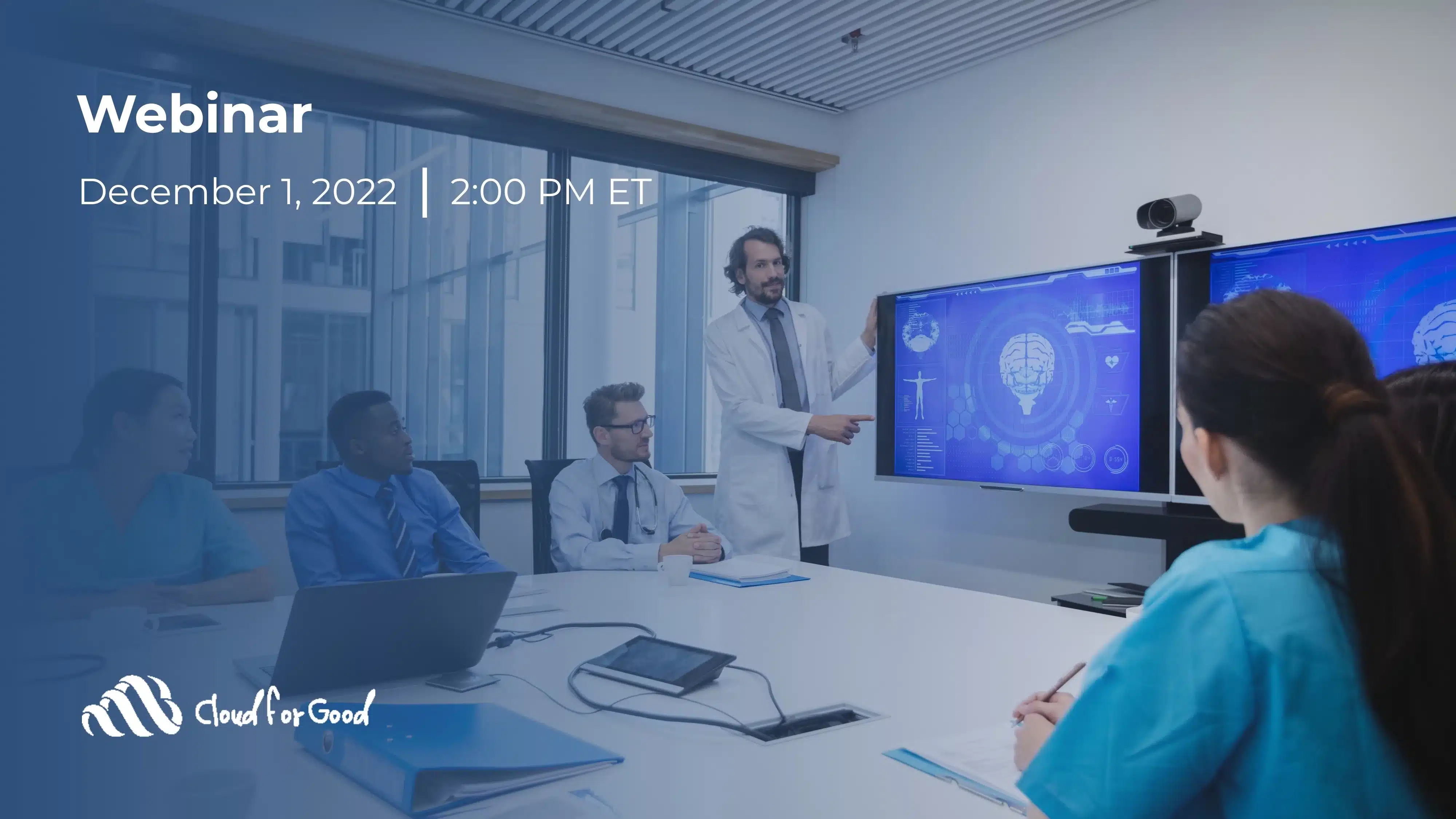 Doctor in a white coat presenting a brain and health-data graphic to colleagues around a conference table