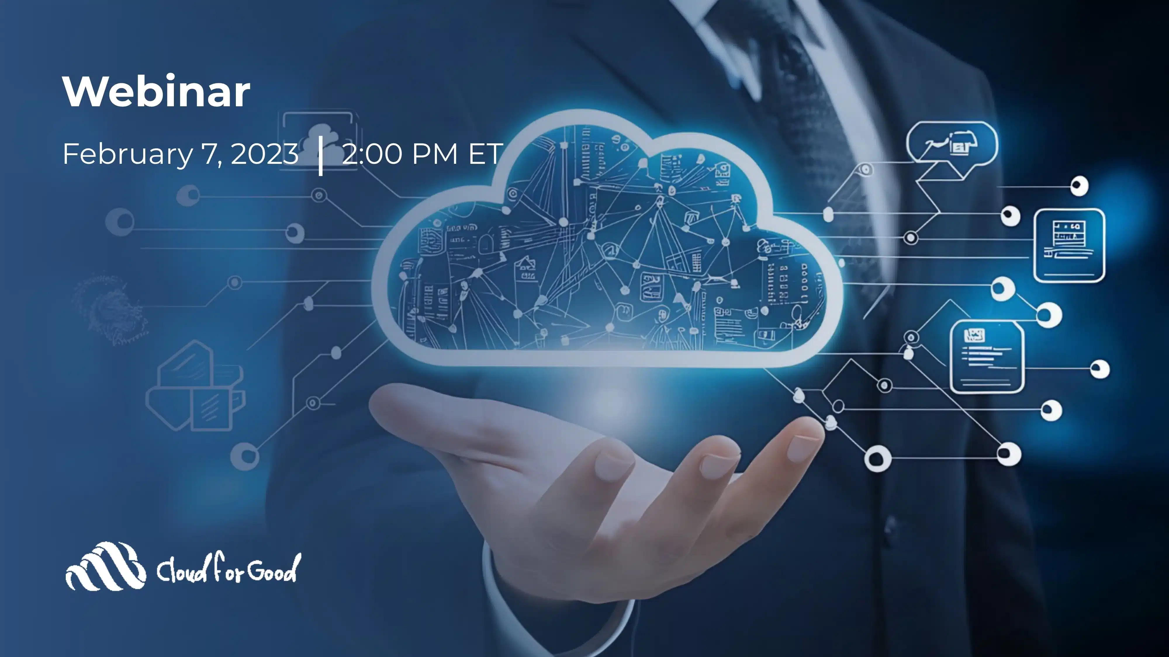 Hand cupped beneath a glowing holographic cloud icon filled with a connected network diagram