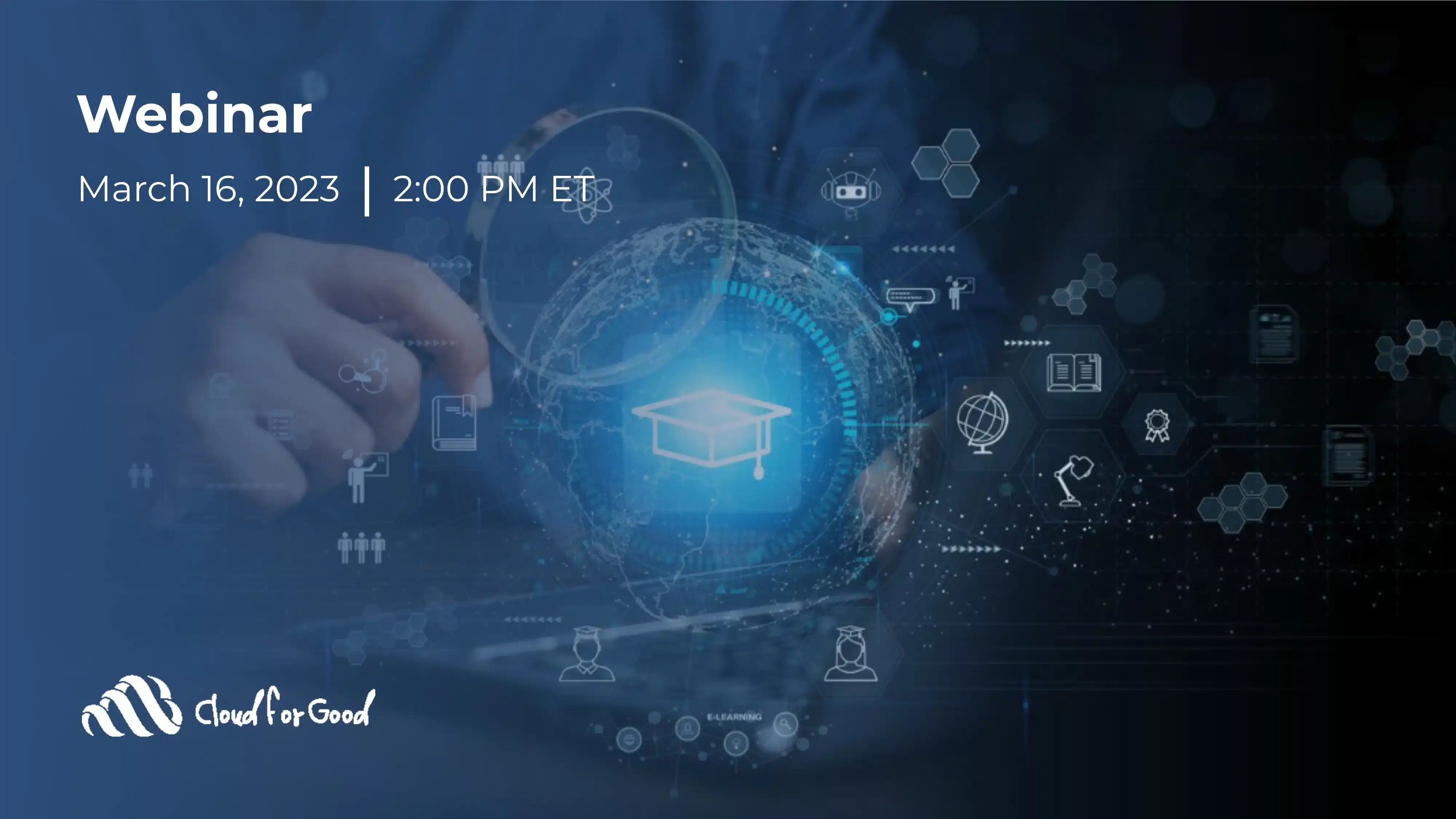 Hand holding a magnifying glass over a glowing globe and graduation-cap hologram surrounded by e-learning icons
