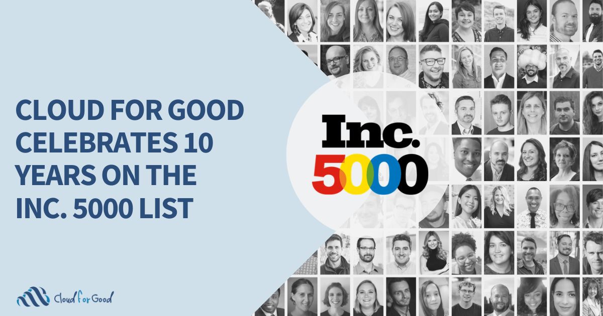 Cloud for Good 2023 press release celebrating 10 years on the Inc. 5000 list.