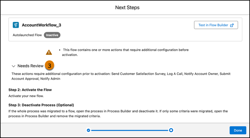 Highlight any actions requiring additional configuration in Flow Builder.