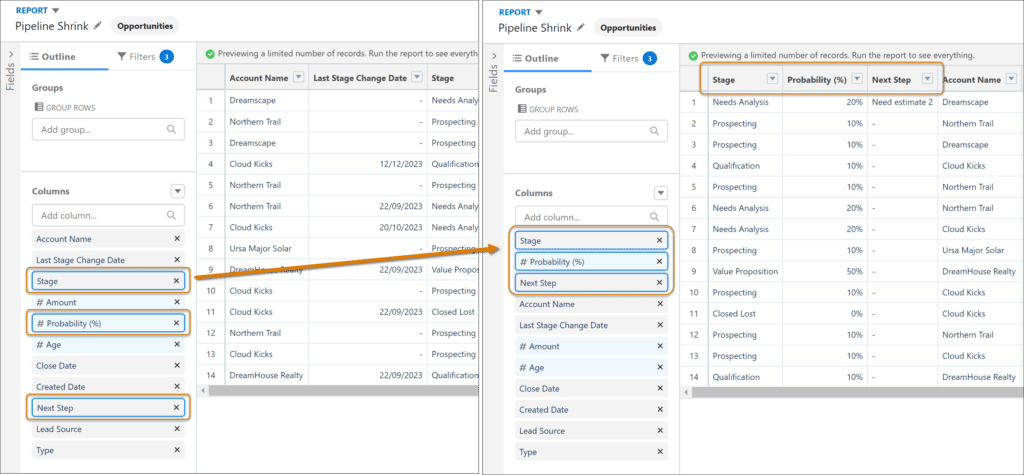 In the Lightning report builder, select the columns in the report table or Columns list and drag them to the new location.