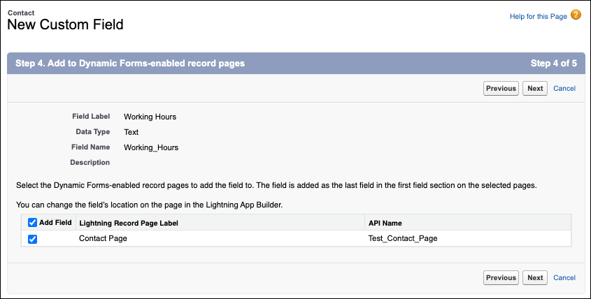A screen displaying a brand new step in Salesforce's custom field creation builder that allows users to select which Dynamic Form-enabled record page they want to add a new custom field to.