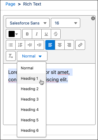 A screenshot of a Rich Text editor's dropdown menu in Salesforce showing new heading styles like heading 1 and heading 2 for creating and editing Rich Text content.