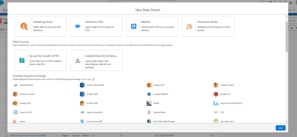 Interface of a window that appears when a user chooses to add a new data stream within Saleforce Data Cloud