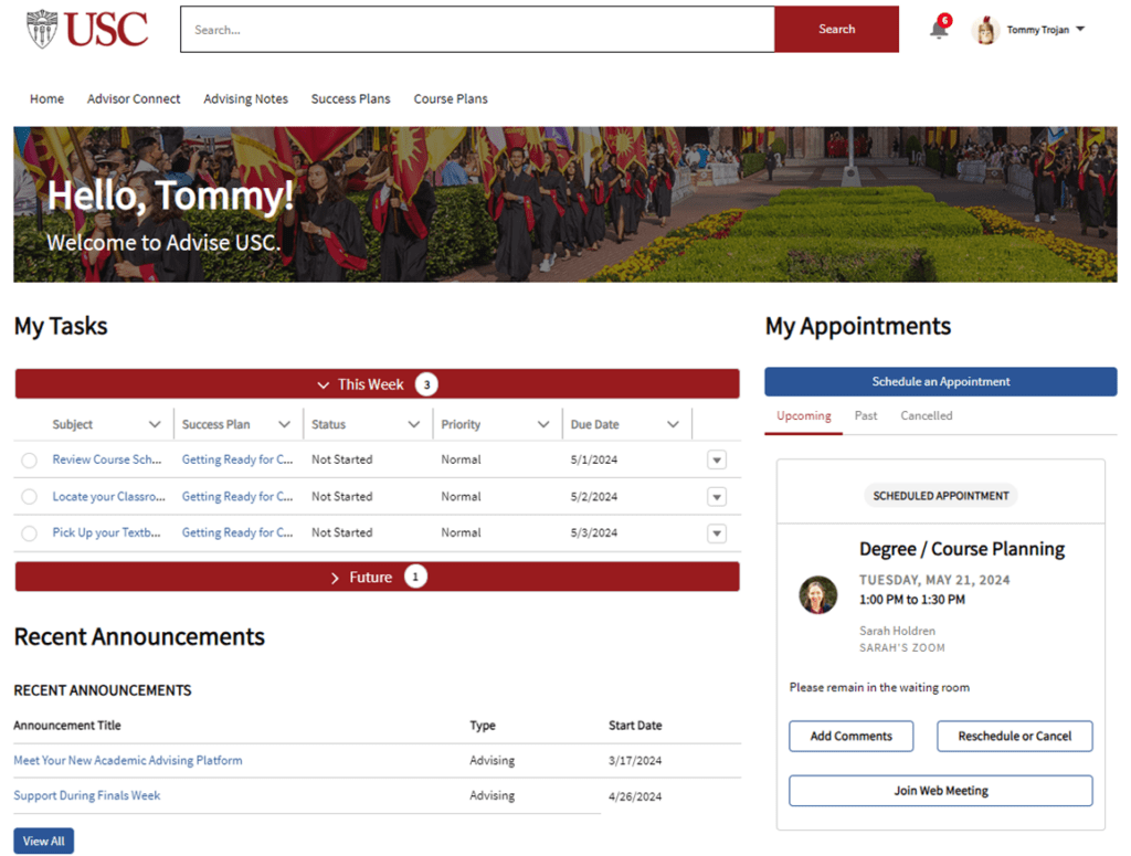 Advise USC's self-service student portal page powered by Experience Cloud