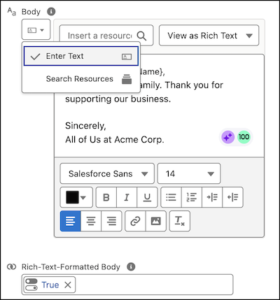 Send Email Action element configuration with rich text formatted email body and Rich-Text-Formatted Body set as true.