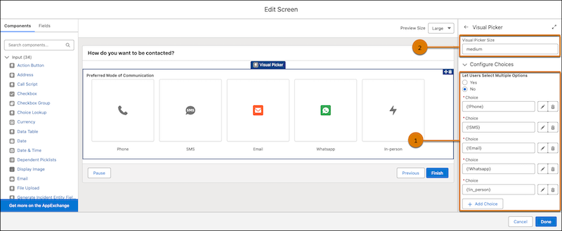 The screen properties of the Visual Picker Component, where users can select one or more choices and pick the size of the visual picker.