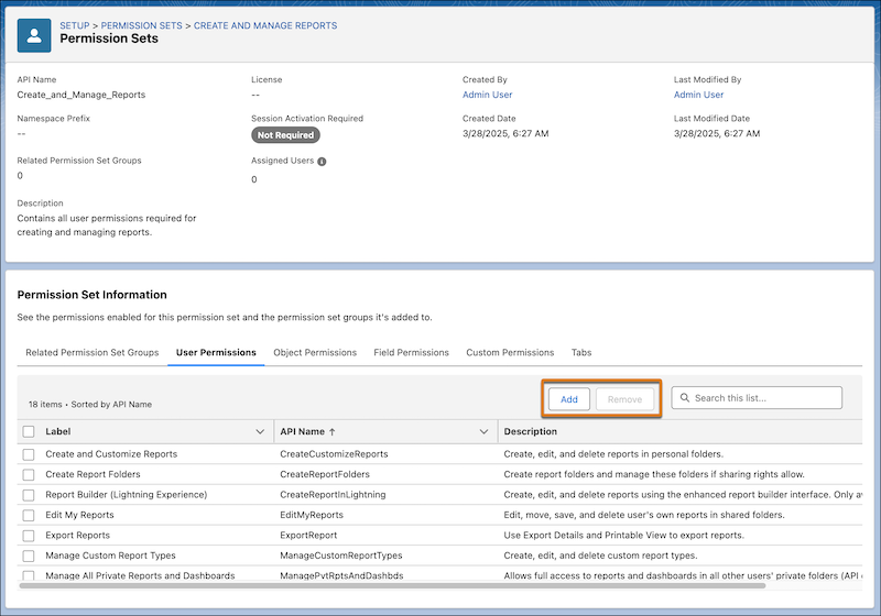 The permission set summary with a callout on the Add and Remove buttons for user permissions.