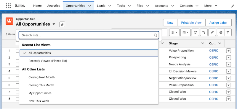 The updated list views dropdown menu.