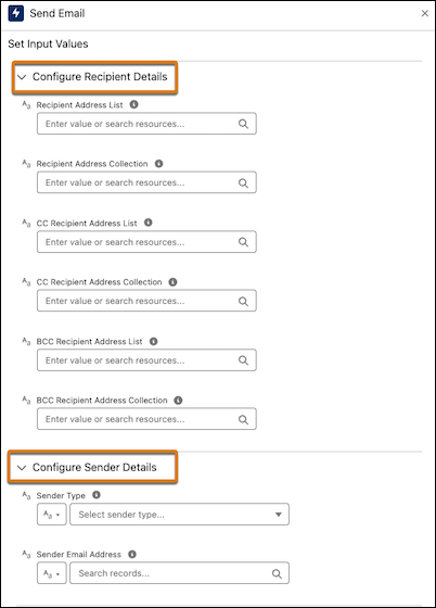 Grouped input parameters of Recipient Details and Sender Details