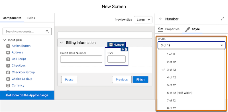 The dropdown menu shows the width options for a number component on a screen element.