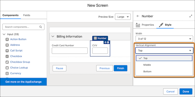 The dropdown menu shows the vertical alignment options for a number component on a screen element.