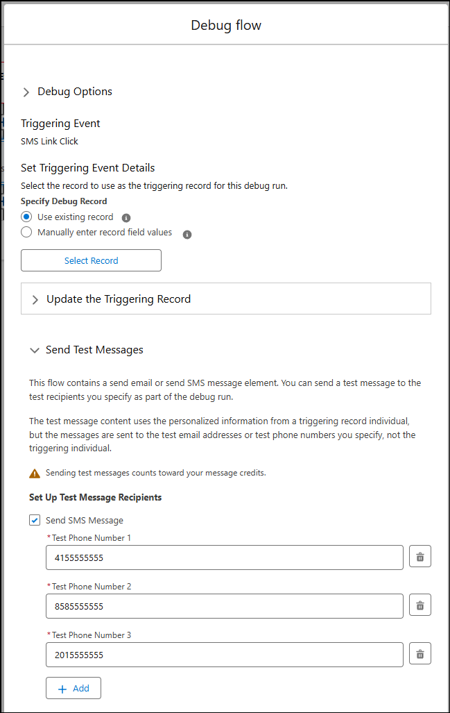 Debug window showing SMS test message recipients.