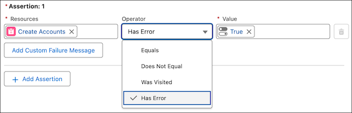 The flow test assertion that shows the selected Has Error operator.