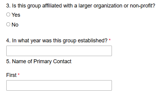 The interface of a portion of a webform for Parkinson's Foundation program sponsors built with FormAssembly. The image shows the text for three questions, blank field spaces, and "Yes" and "No" answer options for three questions on the webform.