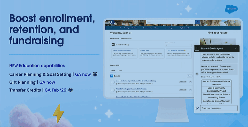 Slide from the Education Keynote at Dreamforce 2025 titled "Boost Enrollment, Retention, and Fundraising" announcing new education capabilities in Agentforce 360 for Education.