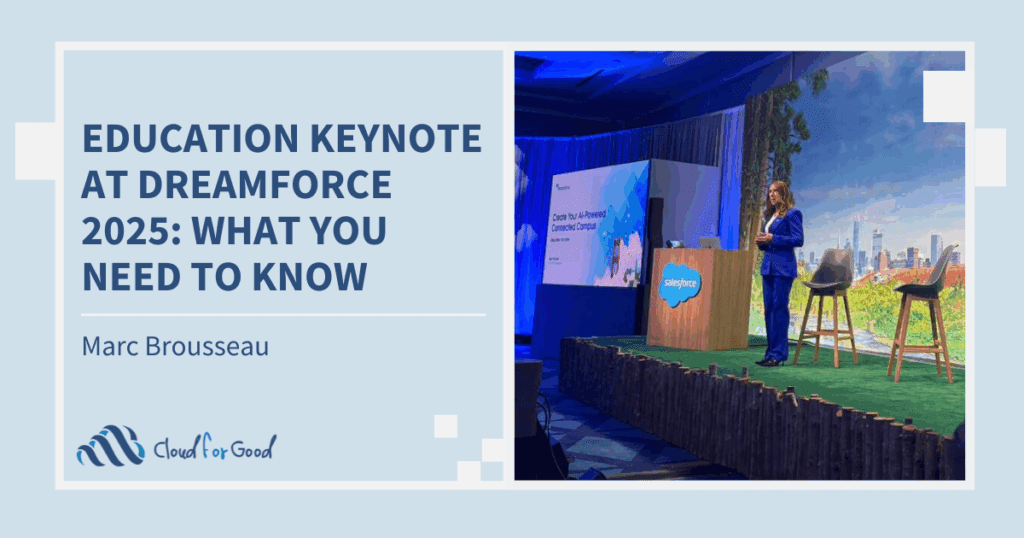 Blog title image with the text "Education Keynote at Dreamforce 2025: What You Need to Know" next to a photo of Salesforce Education GM Kelly Kitchen at the Education Keynote at Dreamforce 2025.