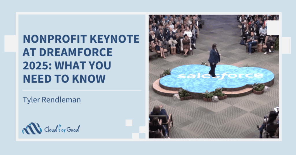 Blog title image titled "Nonprofit Keynote at Dreamforce 2025: What You Need to Know" with a photo of Salesforce Nonprofit GM and VP Lori Freeman speaking.