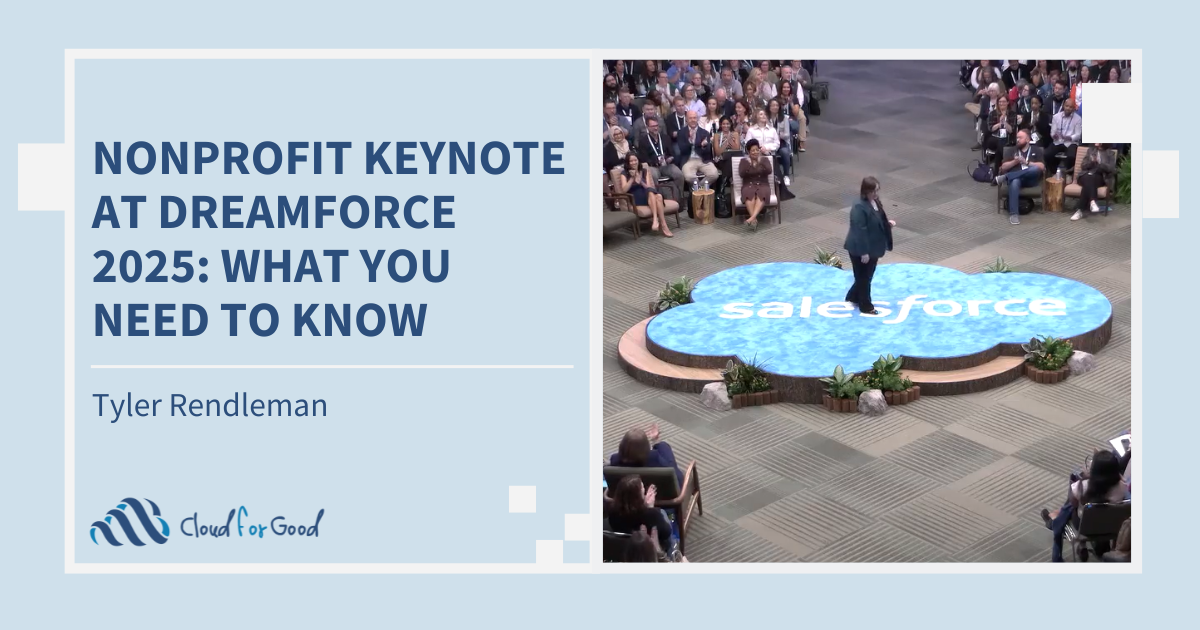 Blog title image titled "Nonprofit Keynote at Dreamforce 2025: What You Need to Know" with a photo of Salesforce Nonprofit GM and VP Lori Freeman speaking.