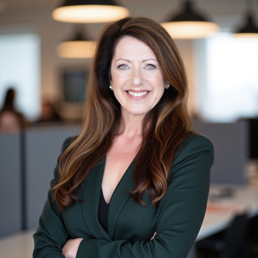 female professional smiling and in suit