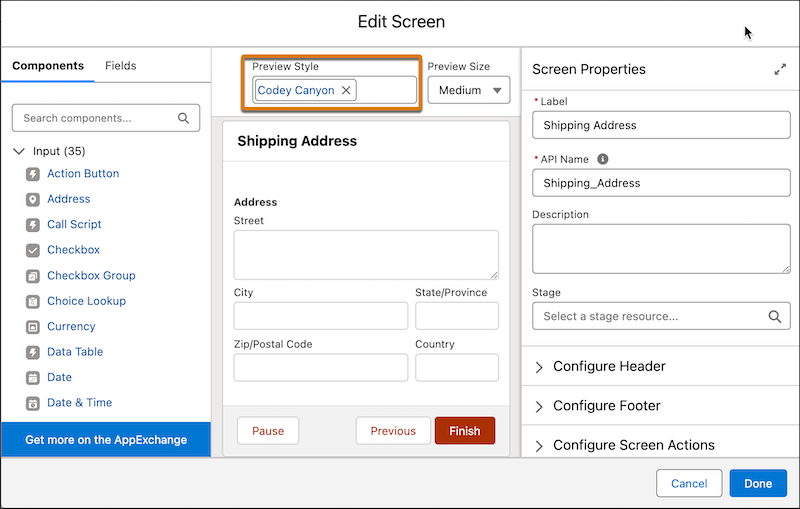 Experience Cloud Site Preview in Flow Builder: Edit Screen Window with "Codey Canyon" selected as the Preview Style.